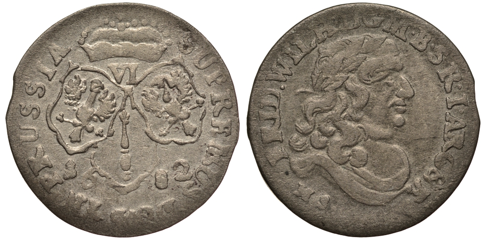 Бранденбург-Пруссия 6 грошей 1682 HS, Фридрих Вильгельм (1640-1688), вес 3,38 гр. KM 429 серебро 1516-335