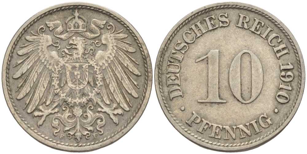ГЕРМАНИЯ 10 ПФЕННИГОВ 1910 F KM 12, J. 13 медно-никель 31-947