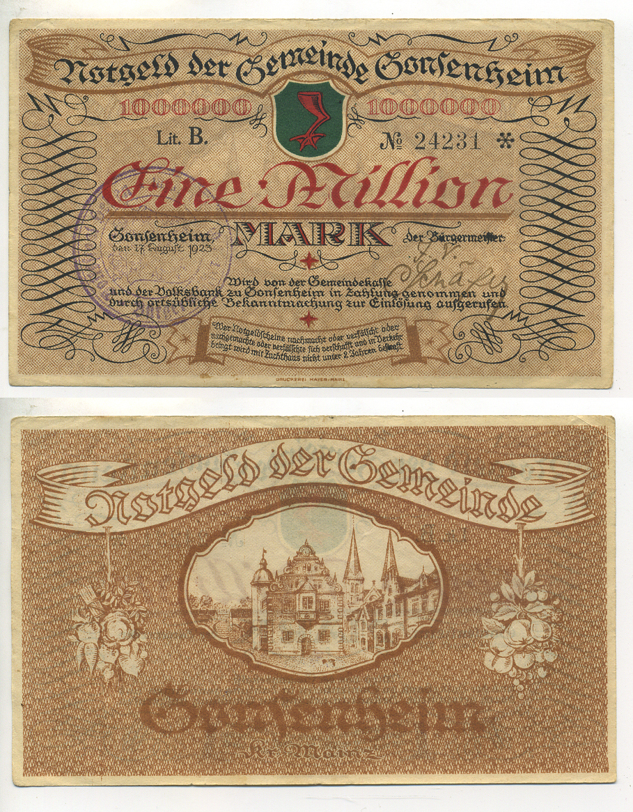 Германия, Майнц 1000000 марок 1923 нотгельд, 17 августа 1923, серия В   бумага  434-21-2-2
