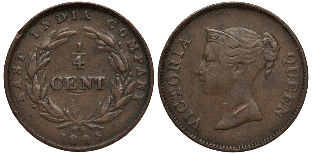 Стрейтс-Сетлментс 1/4 цента 1845 Ост-Индская компания KM 1 медь 100-1217