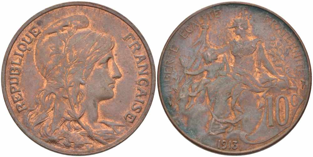 ФРАНЦИЯ 10 САНТИМОВ 1913 ТИП ДАНИЭЛЬ ДЮПЮИ KM 843, LA FRANC 136.23 бронза 109-332