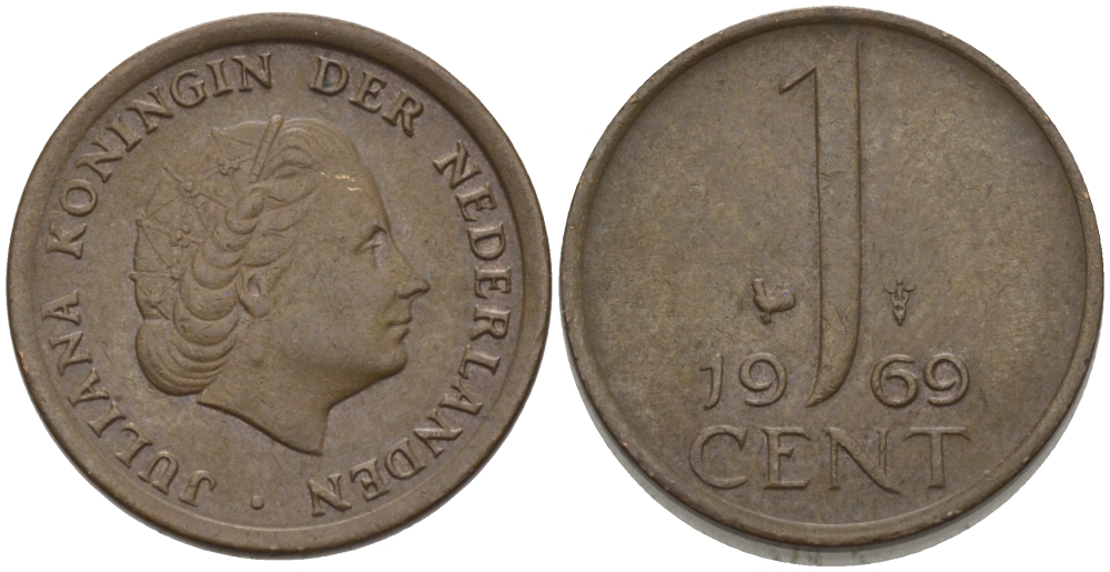НИДЕРЛАНДЫ 1 ЦЕНТ 1969 ЮЛИАНА KM 180 бронза 96-1232