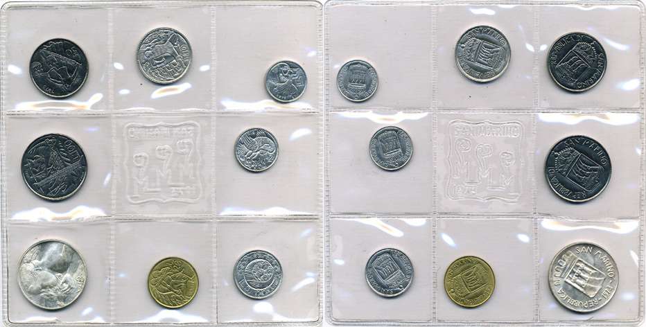 Сан-Марино годовой набор из 8 монет 1973 1, 2, 5, 10, 20, 50, 100 и 500 лир ребёнок держит голубя KM 22-29, в оригинальной пластиковой запайке серебро KM MS2 серебро UNC 5-4-3-36