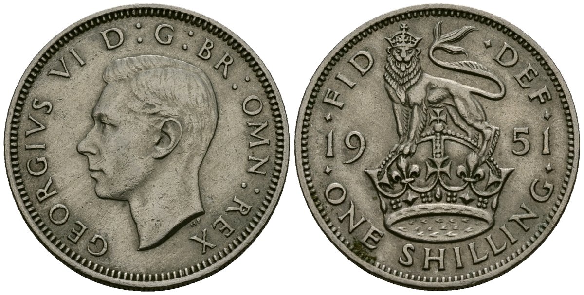 Великобритания 1 шиллинг 1951 Георг VI (1936-1952), Английский герб KM 863, Spink 4103 медно-никель 4546-1237