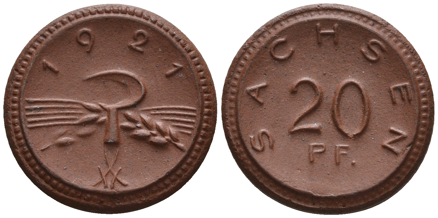 Саксония 20 пфеннигов 1921 колосья и серп J. N 53 фарфор UNC 1094-8-22