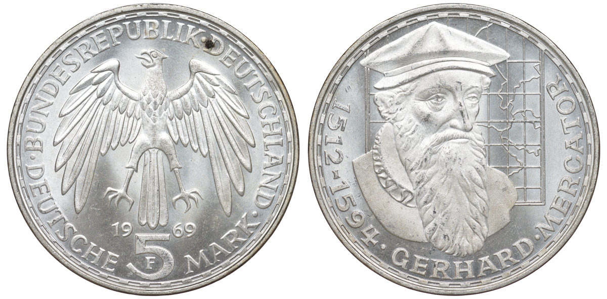 ФРГ 5 марок 1969 F, 375 лет со дня смерти Герарда Меркатора J. 400, KM 126.1 серебро 4178-831