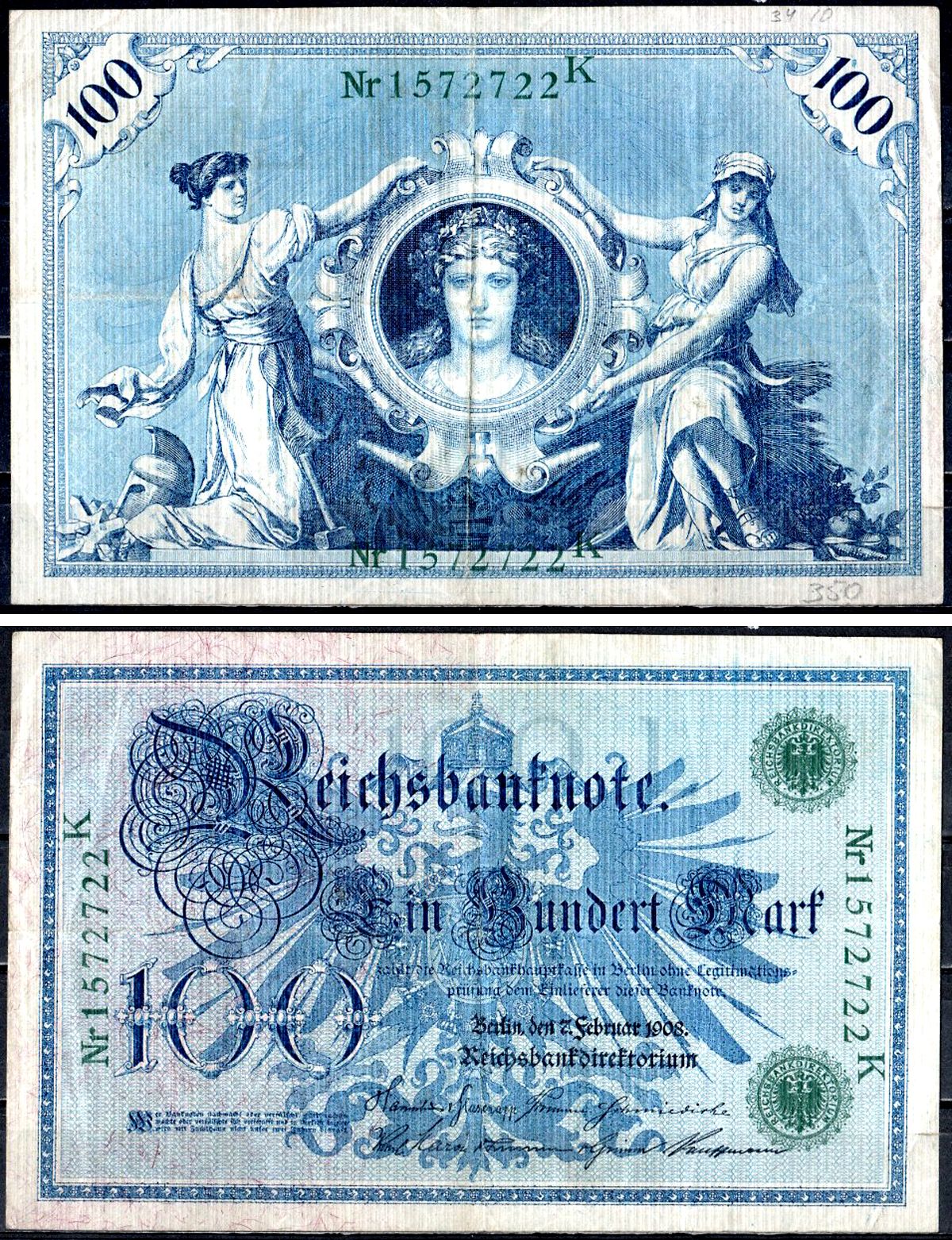 Германия 100 марок 1908 Pick 34 бумага 8595-30-1-2