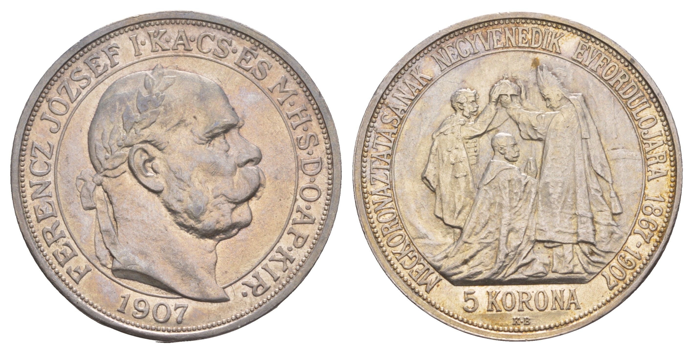 Венгрия 5 крон 1907 KB, 40 лет со дня коронации Франца Иосифа I (1848-1916) KM 489 серебро  aUNC  1531-121