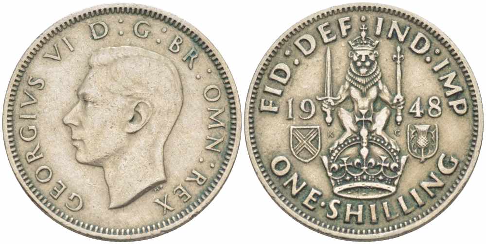 Великобритания 1 шиллинг 1948 Георг VI (1936-1952), Шотландский герб KM 864, Spink 4104 медно-никель 31-1132