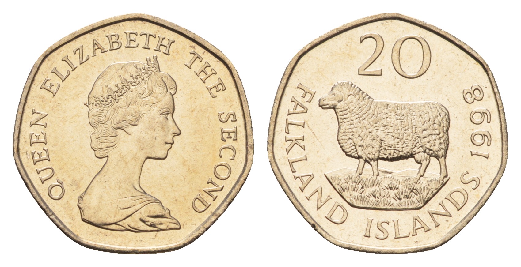 Фолклендские острова (Фолкленды) 20 пенсов 1998 Елизавета II (1952-2022), овца Ромни-марш KM 17 медно-никель  UNC  4675-212