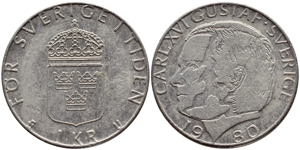 Швеция 1 крона 1980 Карл XVI Густав (1973- ) KM 852 медь плакированная медно-никелем 4397-952