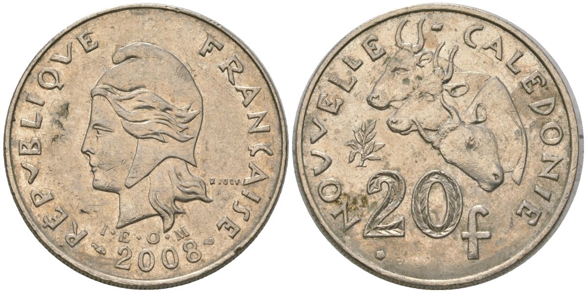 Французская Новая Каледония 20 франков 2008 три быка, (IEOM) KM 12a, Schoen 14a медно-никель 4131-1036