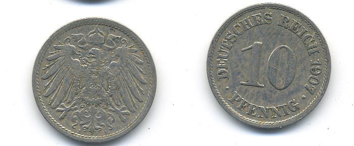 Германия 10 пфеннигов 1907 A KM 12, J. 13 медно-никель 58-254