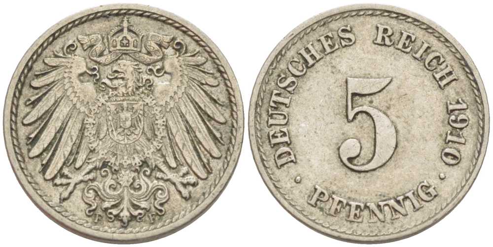 Германия 5 пфеннигов 1910 F KM 11, Jager 12, Weege 6 медно-никель 105-145