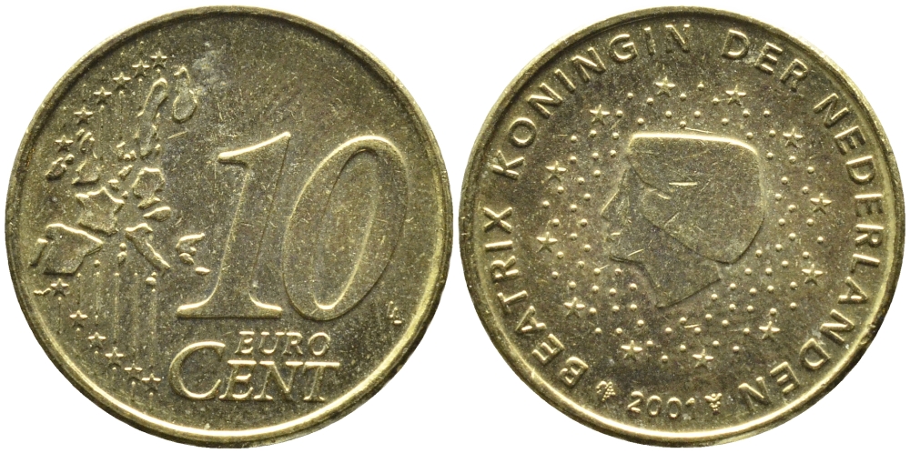 Нидерланды 10 евроцентов 2001 Беатрикс (1980-2013) KM 237 нордик UNC 4391-315