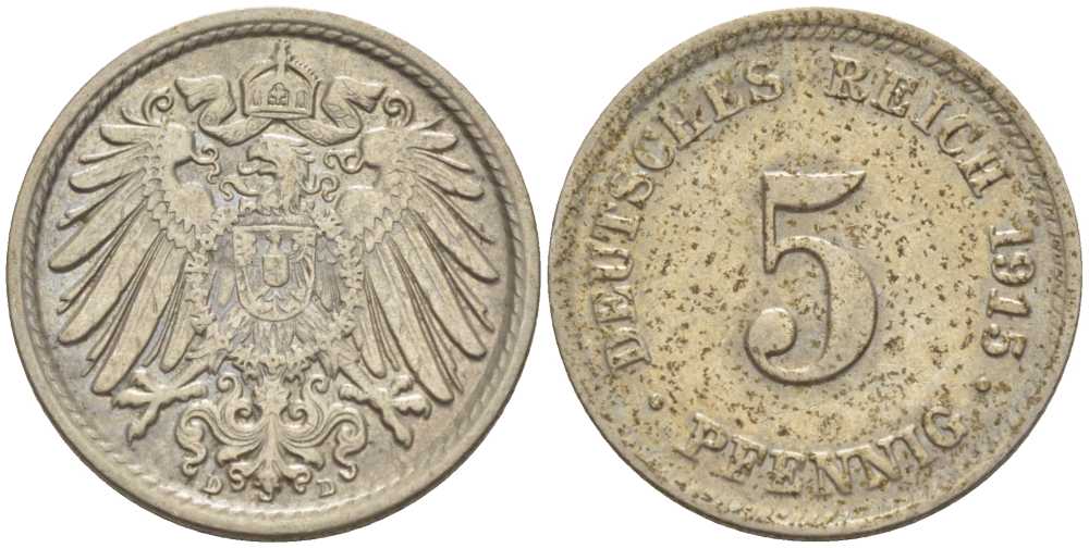 ГЕРМАНИЯ 5 ПФЕННИГОВ 1915 D KM 11, J. 12, Weege 6 медно-никель 206-1022