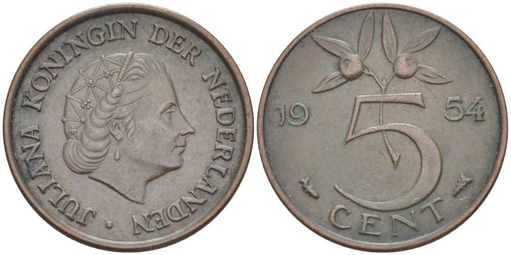 НИДЕРЛАНДЫ 5 ЦЕНТОВ 1954 ЮЛИАНА (1948-1980) KM 181 бронза 213-1017
