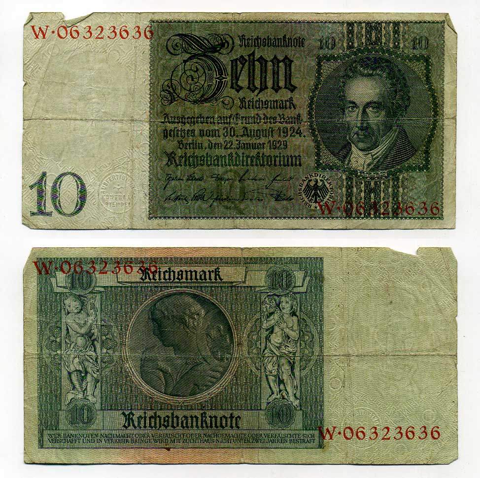 Германия 10 рейхсмарок 1929 Альбрехт Д. Тэер, буква Q, серия W Pick 180a, Ros. 173е  бумага 6287-50-3-1