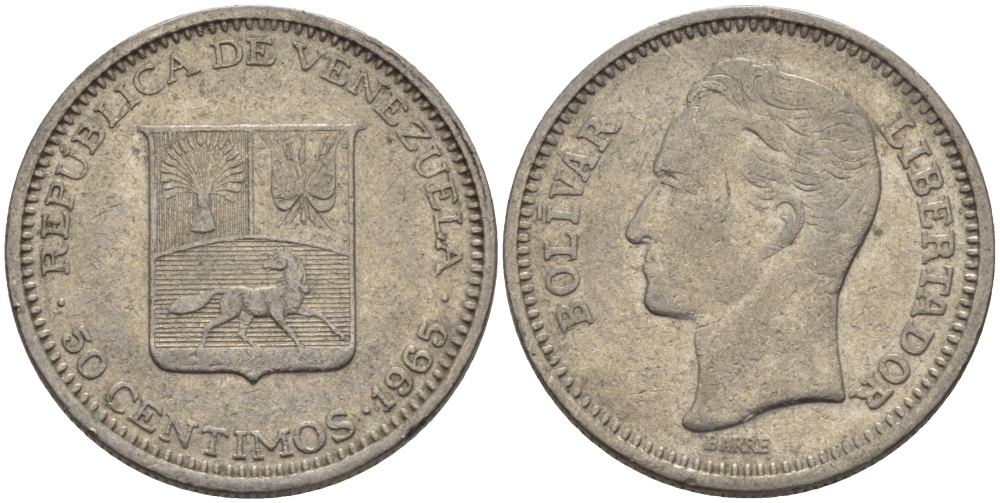 Венесуэла 50 сентимо 1965 Симон Боливар KM 41, Schon 51 никель 31-515