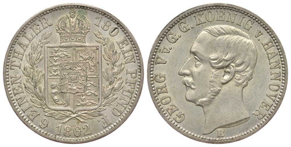 Брауншвейг-Каленберг-Ганновер 1/6 талера 1862 В, Георг  V (1851-1866) KM 238, Jaeger 95 AKS 145 серебро  aUNC  413-2122
