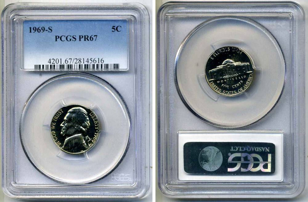 США 5 центов 1969 S, президент Джеферсон, в слабе PCGS PR67 KM А192 медно-никель PROOF 15-002-15