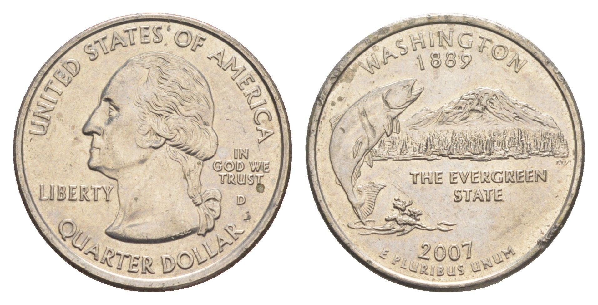 США 25 центов (квотер, 1/4 доллара) 2007 D, серия штаты США, штат Вашингтон KM 397 медь плакированная медно-никелем UNC 4652-851