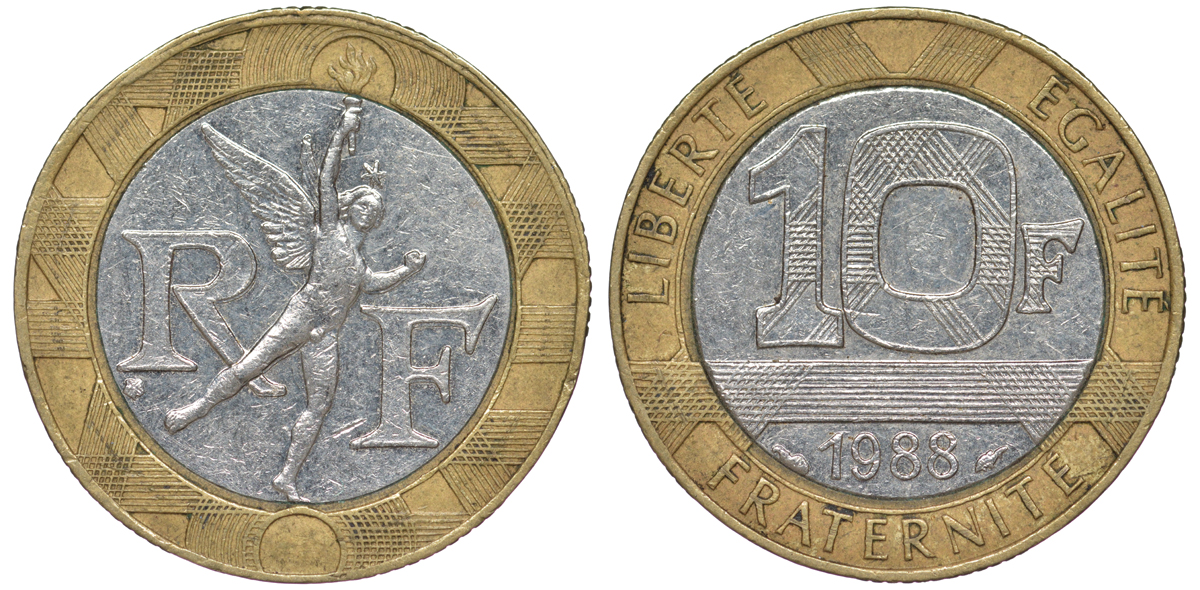 Франция 10 франков 1988 тип Гений Бастилии KM 964.1, Le Frank 375.2 биметалл 45-515