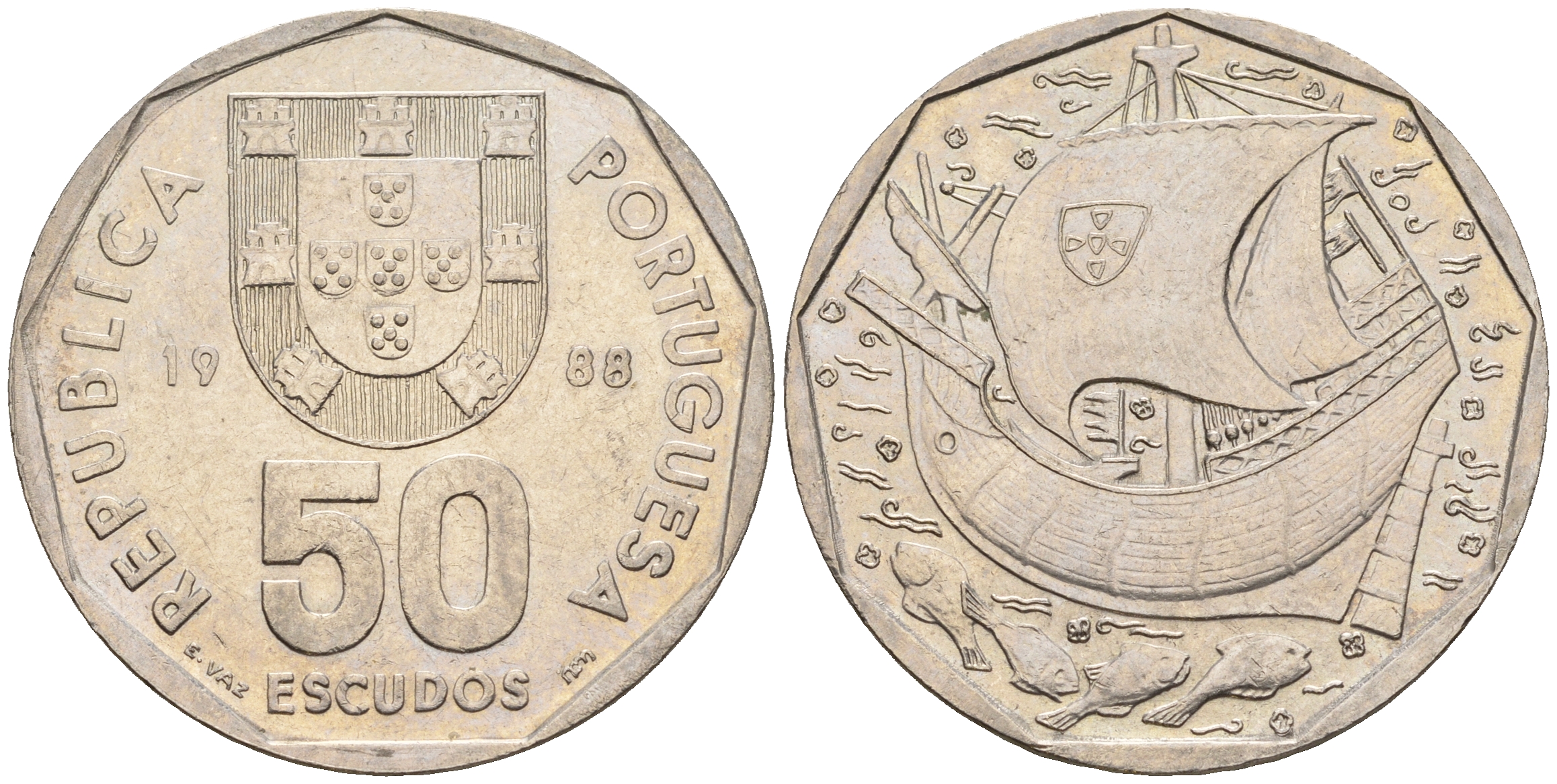 Португалия 50 эскудо 1988 парусник KM 636 медно-никель 221-442