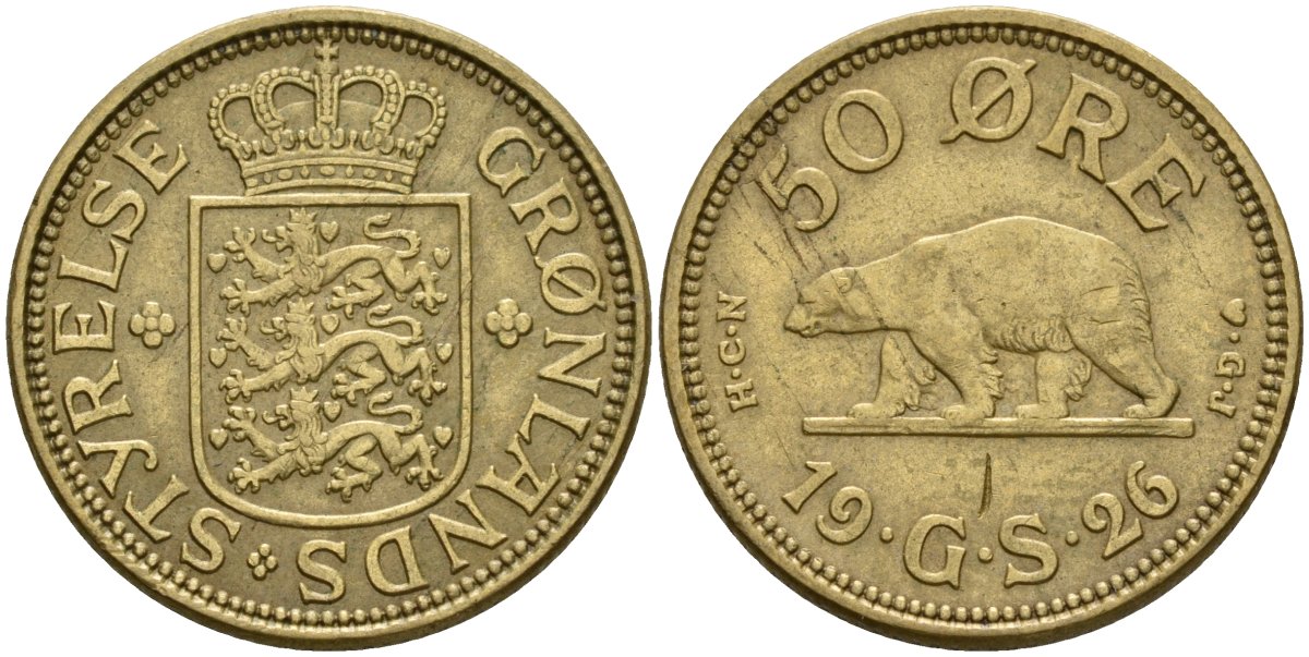 Гренландия 50 эре 1926 NCN; CJ, медведь, датская колония, Кристиан X (1912-1947) KM 7 алюминиевая бронза 3711-2124