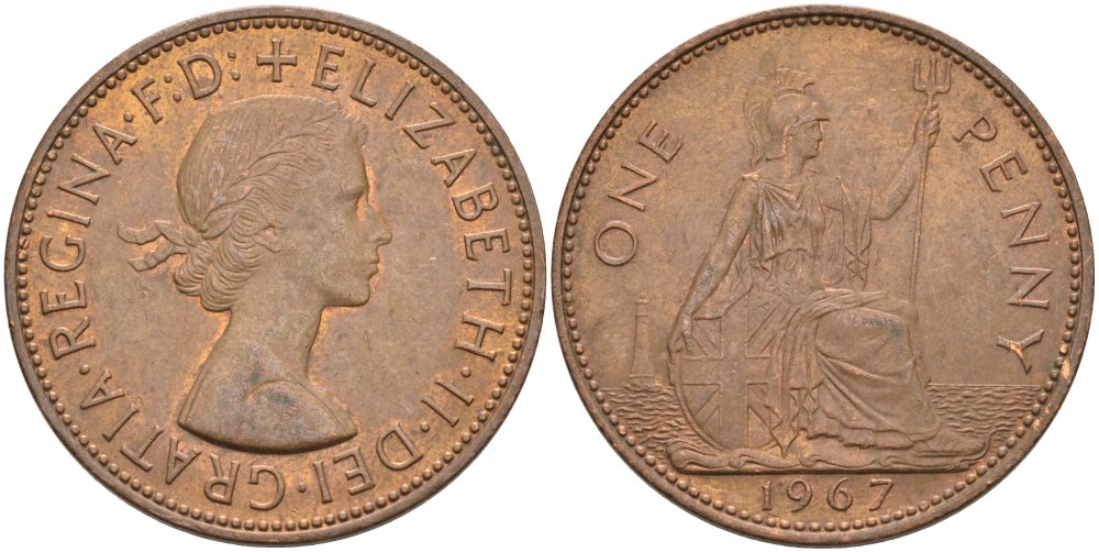 Великобритания 1 пенни 1967 Елизавета II (1952-2022) KM 897, Spink 4157 бронза 4574-332