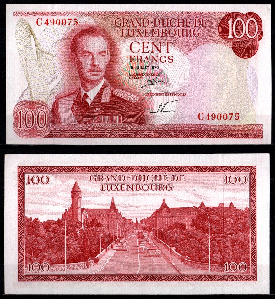 Люксембург 100 франков 1970 Великий герцог Жан. Мост Адольфа, Люксембург Pick 56 бумага UNC (пресс) 451-1237-2