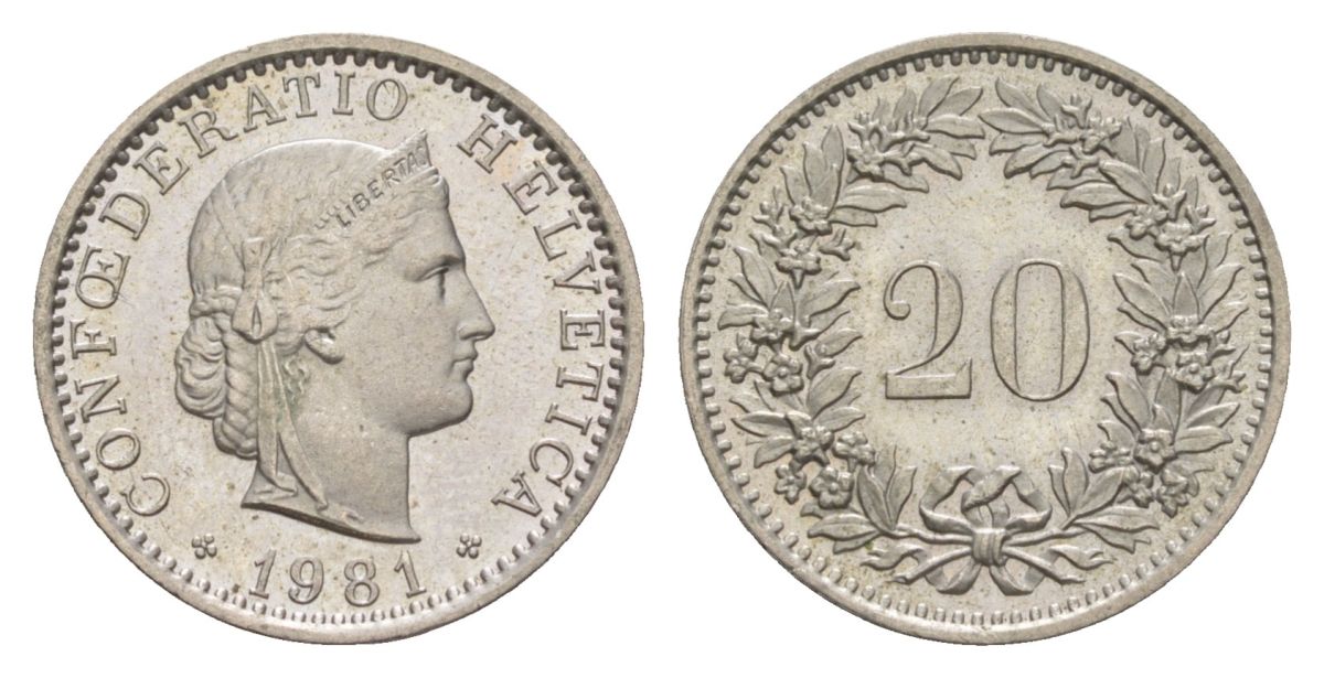 Швейцария 20 раппенов 1981 KM 29a медно-никель UNC 4630-1024