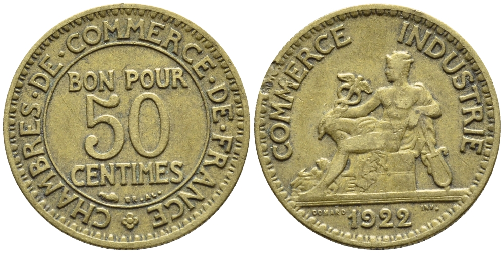 Франция 50 сантимов 1922 тип Chambre de Commerce KM 884, Le Franc 191.5 алюминиевая бронза 4110-1756
