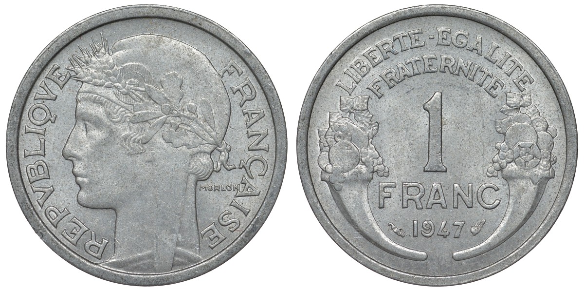 Франция 1 франк 1947 тип Morlon KM 885а.1, Le Franc 221.11 алюминий 4128-321