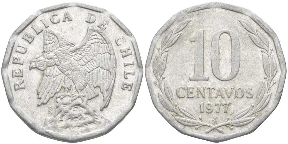 Чили 10 сентаво 1977 KM 205a алюминий 4402-417