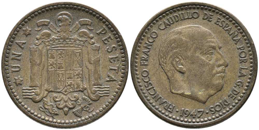 Испания 1 песета 1947 (54) Франсиско Франко (1939-1975) KM 775 алюминиевая бронза 110-1114