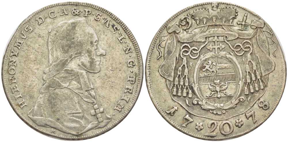 Австрия, Зальцбург 20 крейцеров 1778 М, Иеронимус фон Коллоредо (1772-1812) KM 431, Zottl 3273 серебро 413-1134