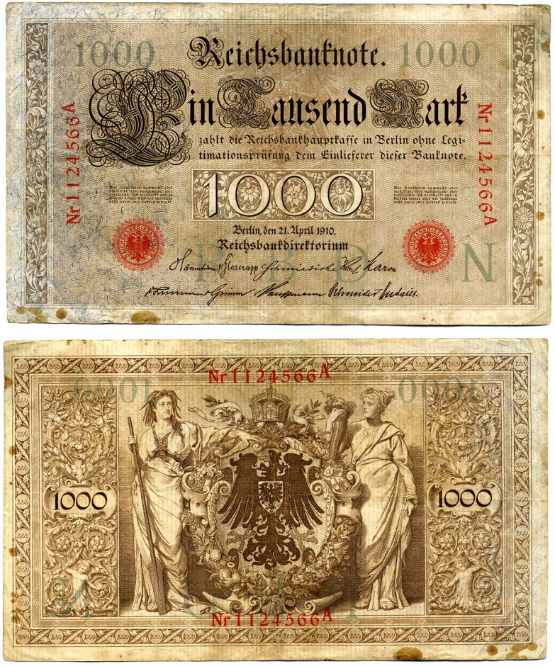 Германия 1000 марок 1910 21 апреля 1910, буква N, номер семизначный, серия A, выпуск (04.1922) Pick 44b, Розенберг 45с бумага 8618-10-1-1