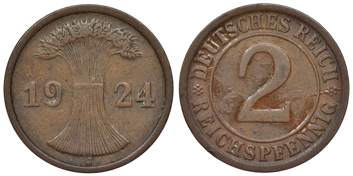 Германия 2 рейхспфеннига 1924 J KM 38, J. 314, Weege 4 бронза 4121-556