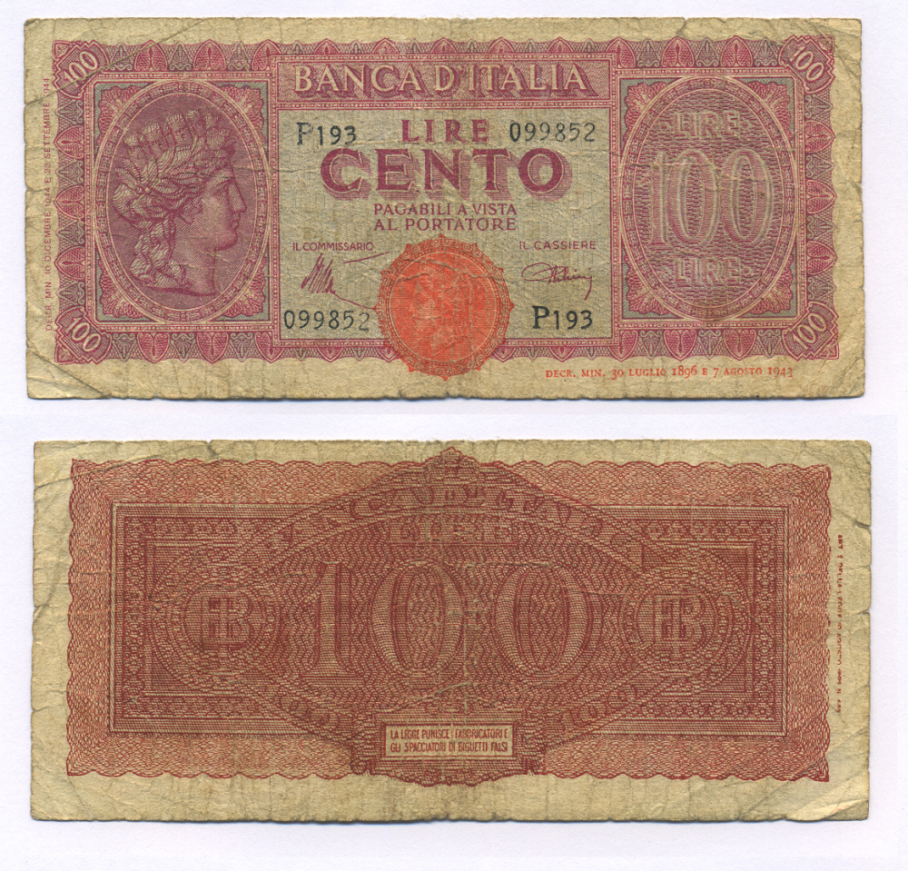 Италия 100 лир 1944 Pick 75a 7146-17-3-1