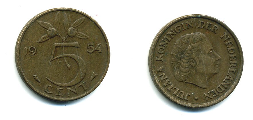НИДЕРЛАНДЫ 5 ЦЕНТОВ 1954 ЮЛИАНА KM 181 бронза 76-416