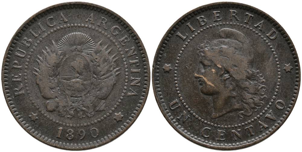 Аргентина 1 сентаво 1890 голова свободы влево KM 7 бронза 4525-1037