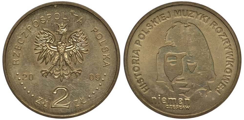 Польша 2 злотых 2009 MW, серия история польской музыки, Чеслав Немен KM 684 латунь 111-344