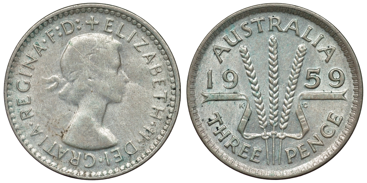 Австралия 3 пенса 1959 m, Елизавета II (1952-2022) KM 57 серебро 71-562