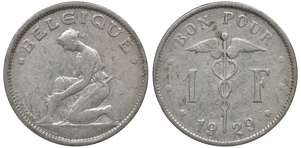 Бельгия 1 франк 1929 Belgique KM 89 медно-никель 4163-356