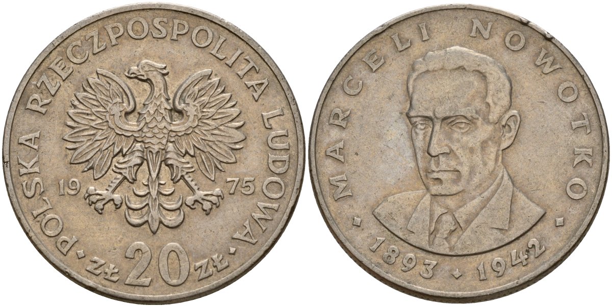 Польша 20 злотых 1975 Марцелий Новотко, монетный двор Кремница KM 69, Parchimowicz 246b медно-никель 4157-141