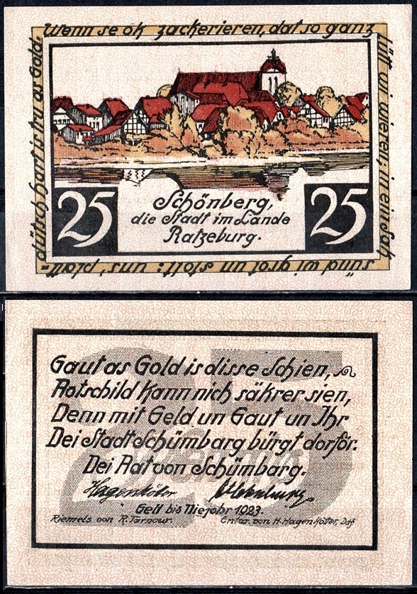 Шенберг 25 пфеннигов 1921 Mehl Grabowski 1195.1-1/2 бумага UNC (пресс) 7556-60-3-1