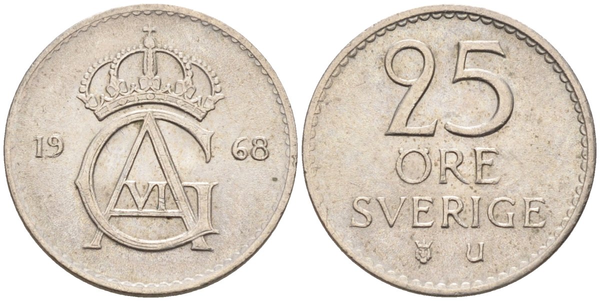 Швеция 25 эре 1968 Густав VI Адольф (1950-1973) KM 836 медно-никель UNC 4585-457