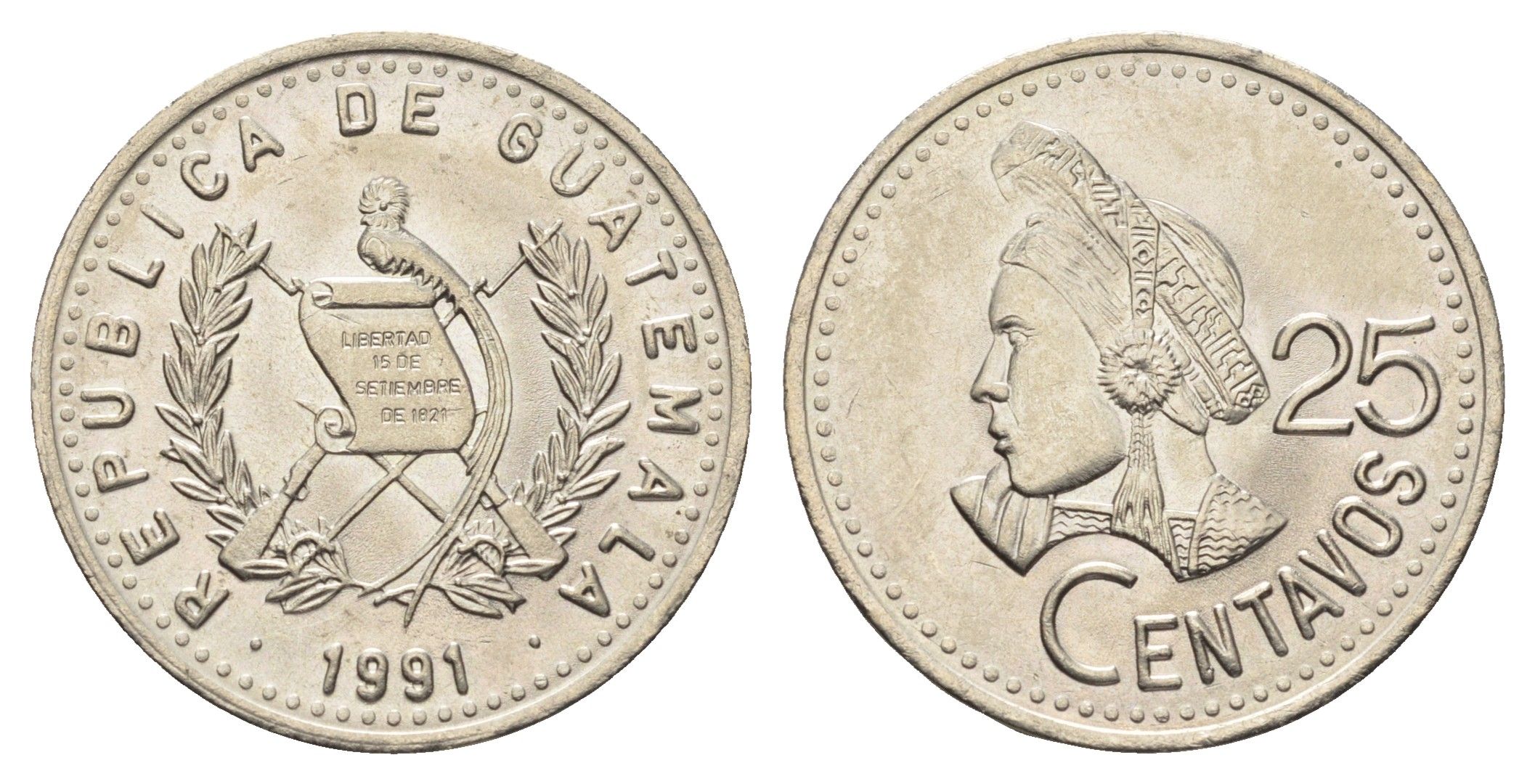 Гватемала 25 сентаво 1991 KM 278.5 медно-никель UNC 4666-726