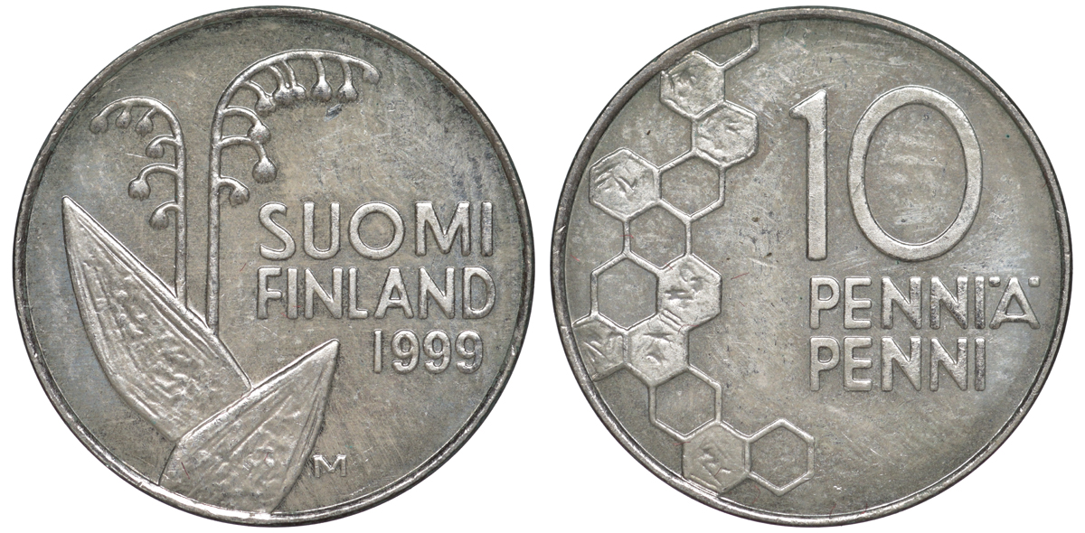 ФИНЛЯНДИЯ 10 ПЕННИ 1999 M, ЛАНДЫШ KM 65 медно-никель 3334-1157